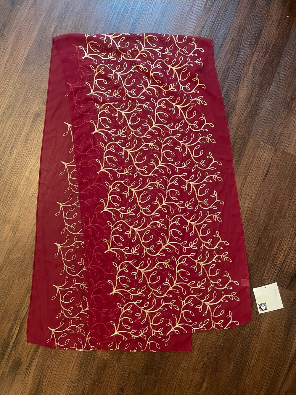 Vintage Anne Klein Burgundy Gold Embroidered Leaves Scarf 73x18.5” NWT